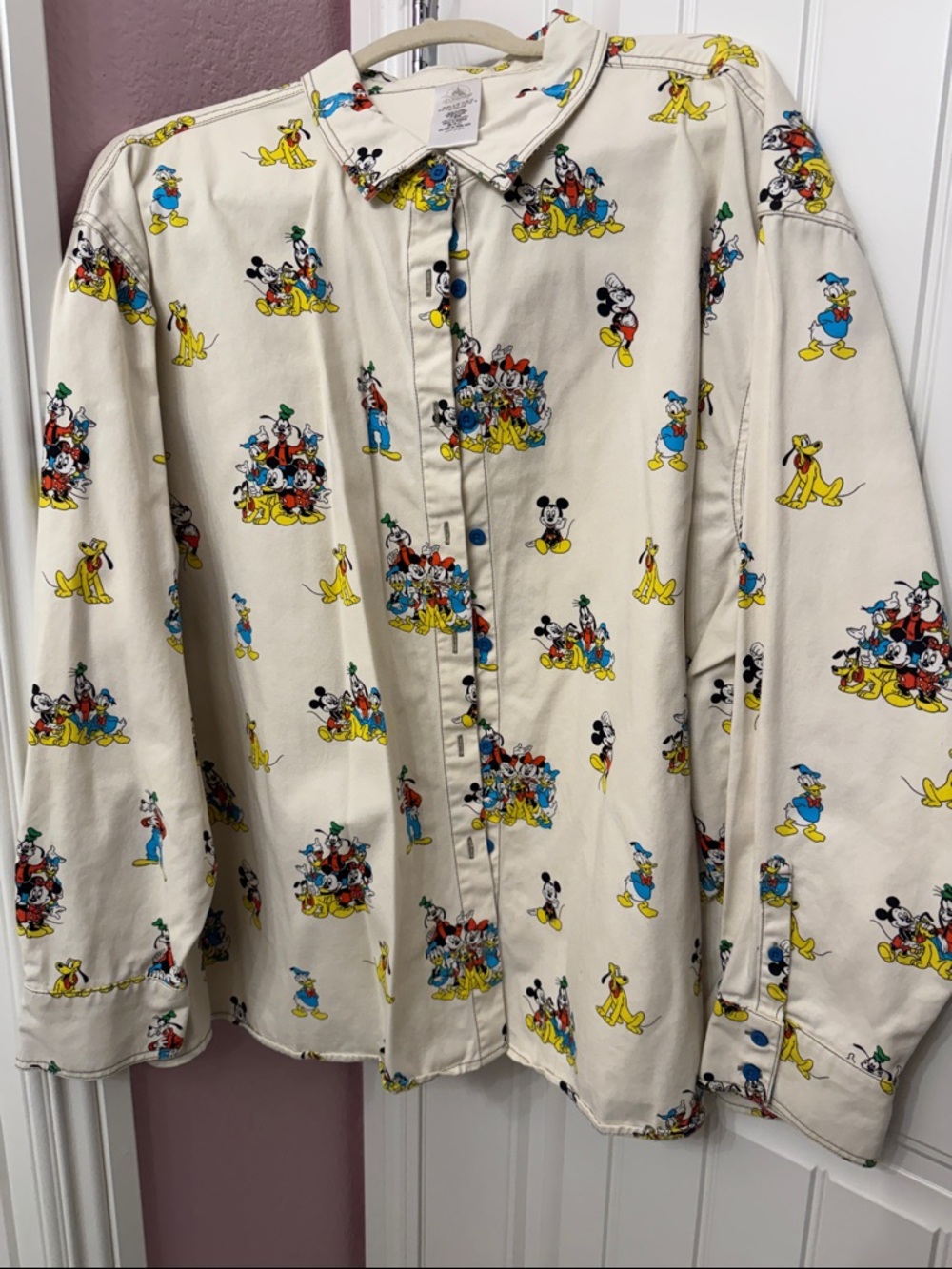 Disney Cream Button-Up Shirt with Multicolor Mickey, Donald & Pluto Print